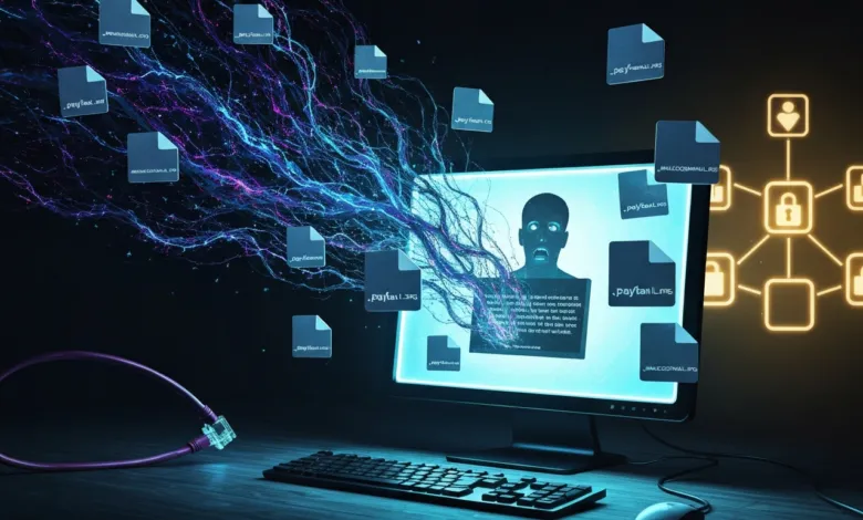Computer screen displaying data breach with files and shocked face.
