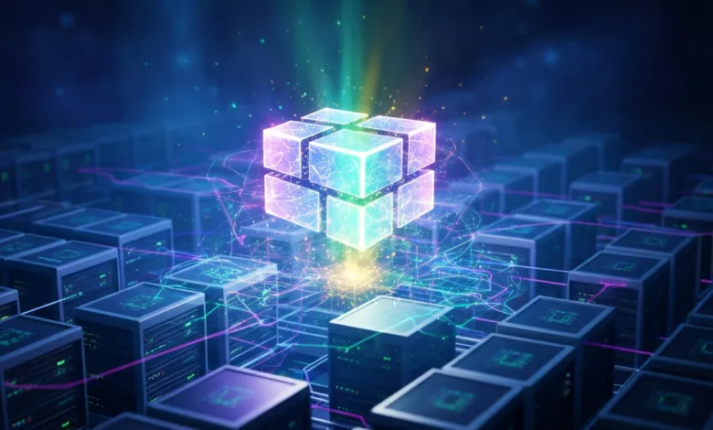 Glowing cube structure above server racks, connected by light trails.