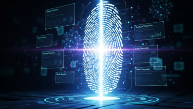 Glowing fingerprint scan with data analysis screens and digital network visuals.