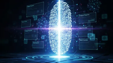 Glowing fingerprint scan with data analysis screens and digital network visuals.