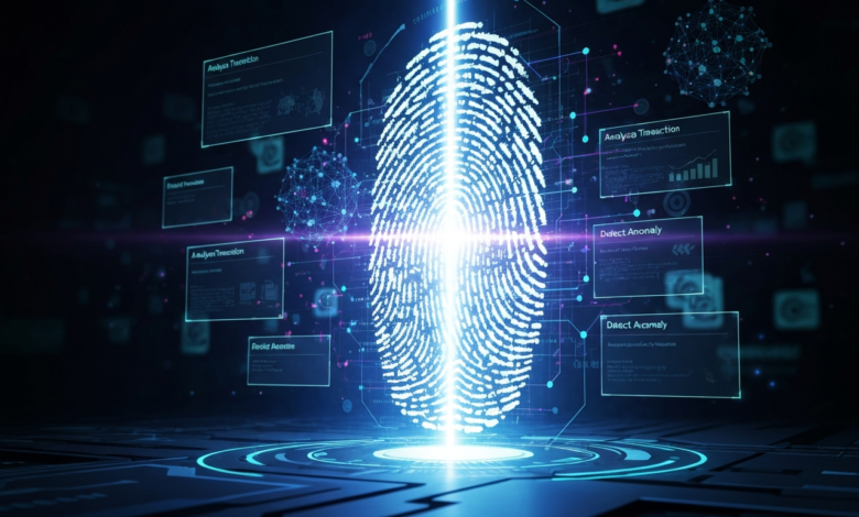 Glowing fingerprint scan with data analysis screens and digital network visuals.