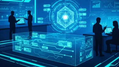 Futuristic control room with holographic displays and silhouetted figures.