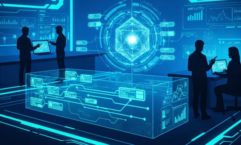 Futuristic control room with holographic displays and silhouetted figures.