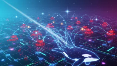 Neon orca swims through a digital grid with red 'Noise' labels and blue light.