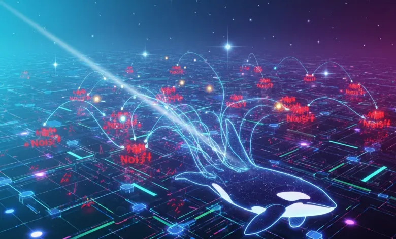Neon orca swims through a digital grid with red 'Noise' labels and blue light.