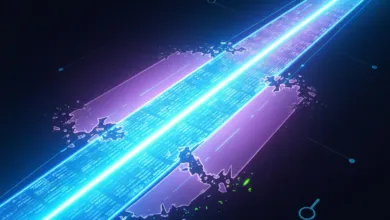 Abstract digital stream with glowing blue data and purple accents.