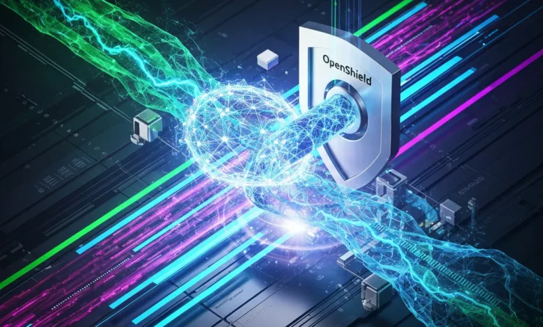 Digital shield protects a glowing network on a circuit board.