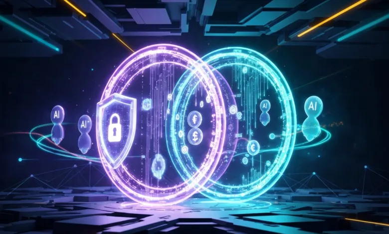 Futuristic AI security concept with glowing circles and digital icons.