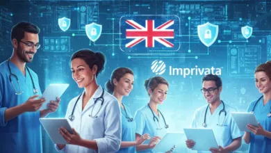 Healthcare professionals in scrubs hold tablets, with UK flag and security icons in the background.