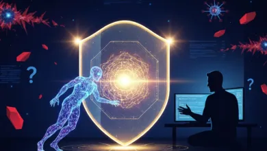 Digital security shield protecting a human figure from cyber threats.