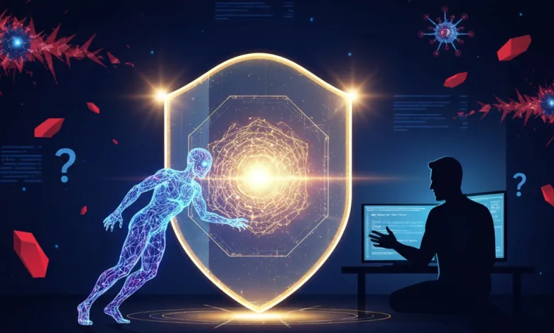 Digital security shield protecting a human figure from cyber threats.