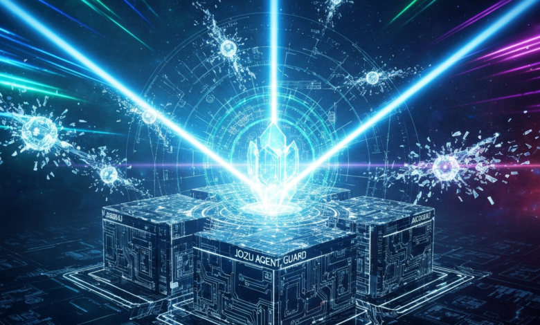 Abstract digital art featuring glowing crystal, cubes, and circuit patterns.