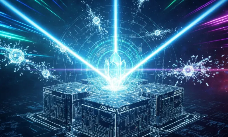 Abstract digital art featuring glowing crystal, cubes, and circuit patterns.