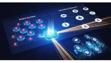 Cybersecurity risk visualization showing attack surface and third-party exposure.