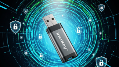 Irronkey USB drive with security icons on a digital background.