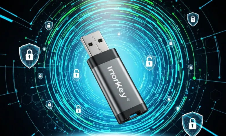 Irronkey USB drive with security icons on a digital background.