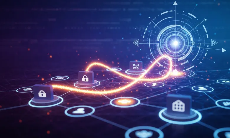 Abstract network with glowing connections and security icons.