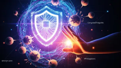 Cybersecurity shield with circuit board design, connected to endpoints and APIs.