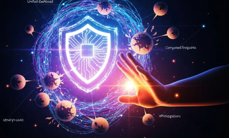 Cybersecurity shield with circuit board design, connected to endpoints and APIs.