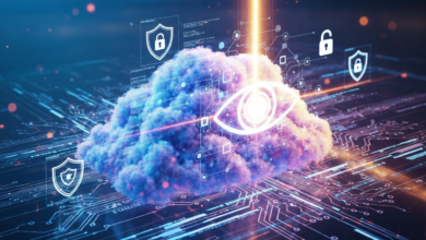 Cloud with eye symbol, security icons, and circuit board background.