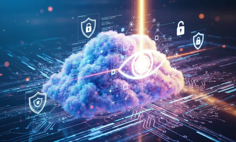 Cloud with eye symbol, security icons, and circuit board background.