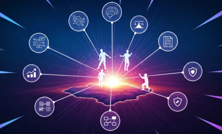 Abstract image of data points connected to human figures on a landscape.