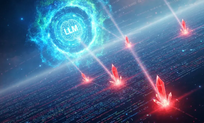 Abstract AI landscape with glowing LLM brain and data crystals.