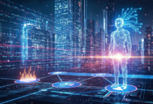 Futuristic cityscape with digital human figure and network connections.