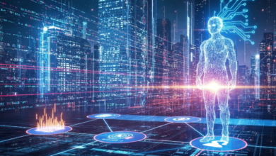 Futuristic cityscape with digital human figure and network connections.