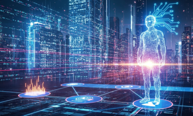 Futuristic cityscape with digital human figure and network connections.