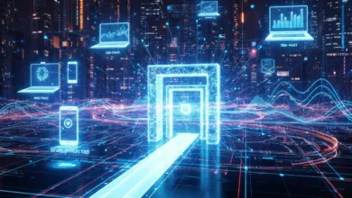 Futuristic cityscape with glowing data streams, laptops, and mobile devices connected by digital networks.