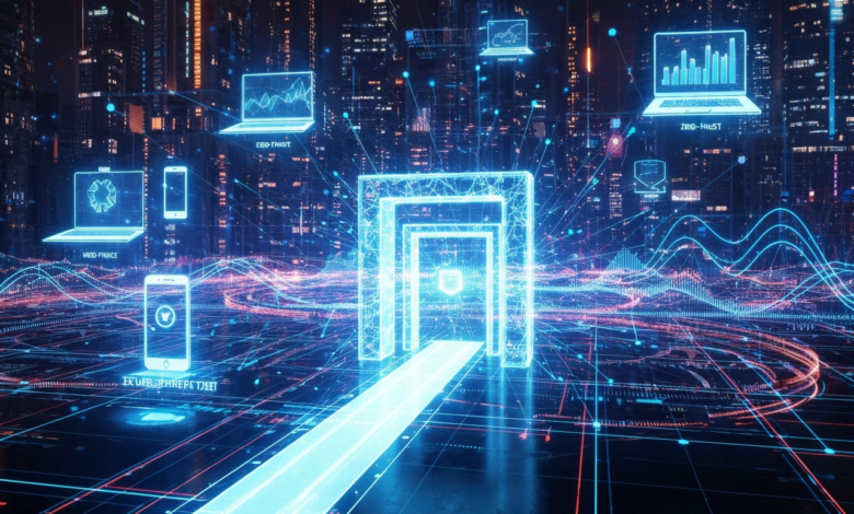 Futuristic cityscape with glowing data streams, laptops, and mobile devices connected by digital networks.