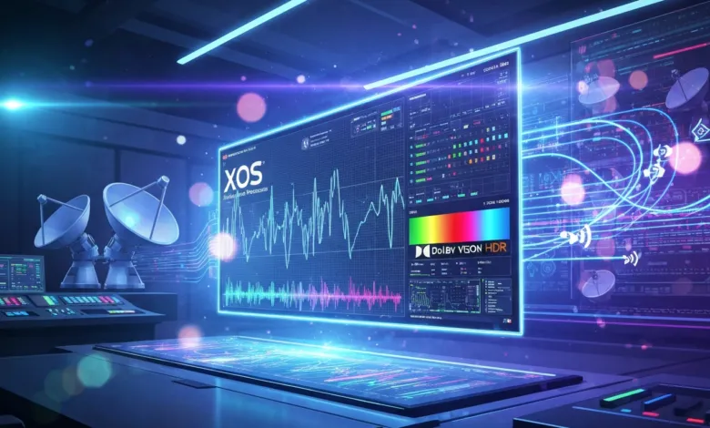 Futuristic control room with large display showing data and satellite dishes.