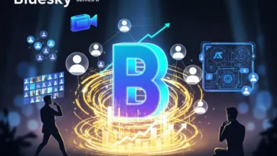 Bluesky Series B graphic with social media icons and data visualizations.