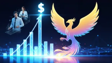 Glowing bar graph with dollar sign, phoenix, and business professionals.