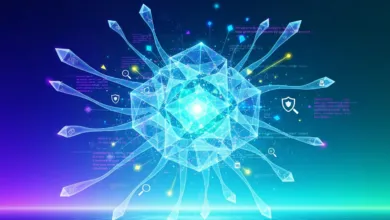 Abstract geometric design with glowing lines and security icons.