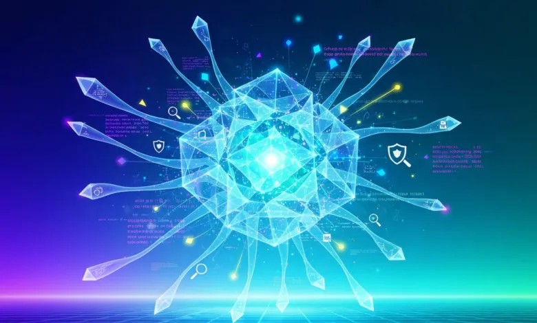 Abstract geometric design with glowing lines and security icons.