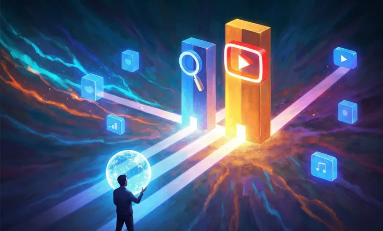 Person holds glowing orb, surrounded by social media icons and beams of light.