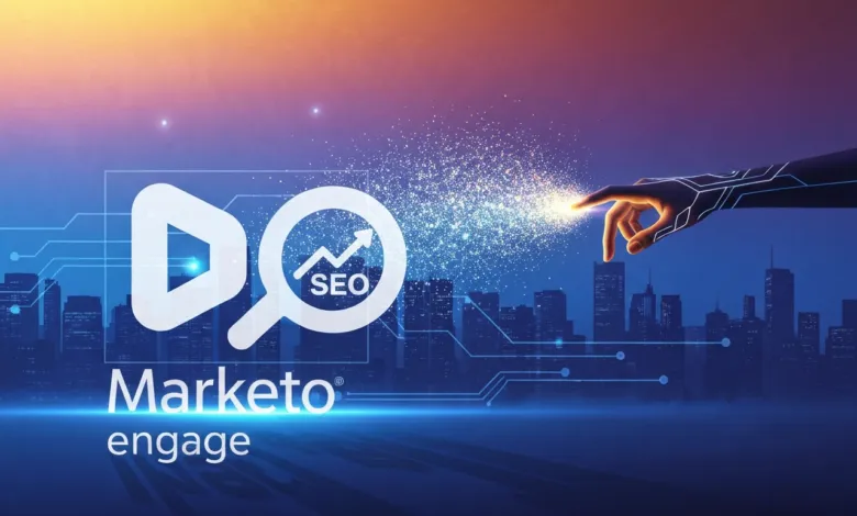 Marketo Engage SEO illustration with cityscape and digital hand.