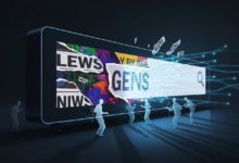 Digital display showing news headlines and search bar with abstract figures.