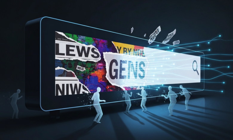 Digital display showing news headlines and search bar with abstract figures.