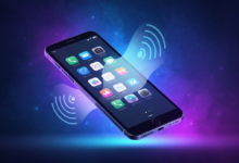 Smartphone displaying app icons with stylized WiFi signals around it.