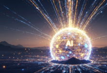 Glowing sphere with 'AI' text, connected lines, and light streaks.