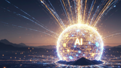 Glowing sphere with 'AI' text, connected lines, and light streaks.