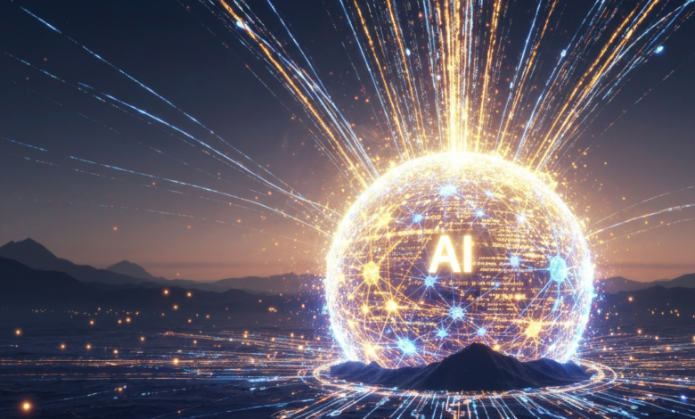 Glowing sphere with 'AI' text, connected lines, and light streaks.