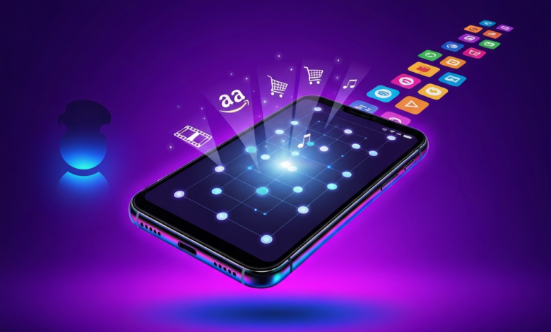 Smartphone displaying app icons and glowing network on a purple background.