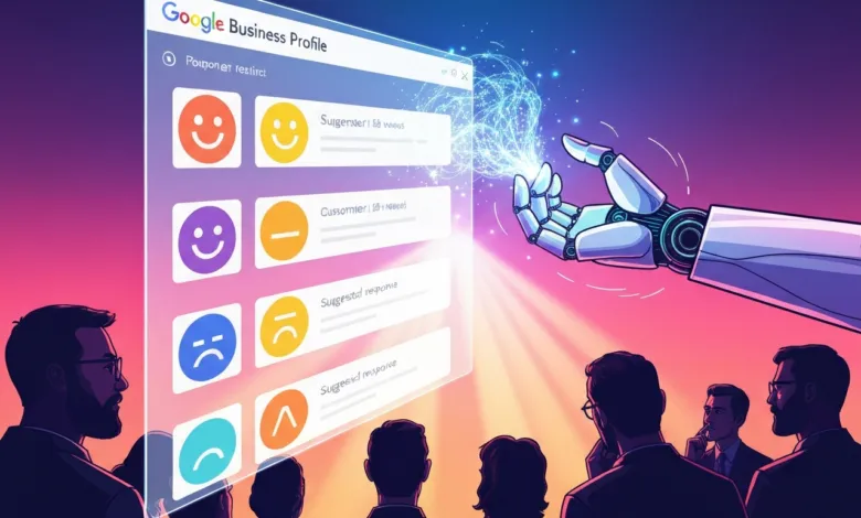 AI-powered Google Business Profile management with robot hand and customer feedback.