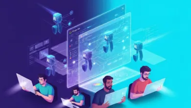 Isometric illustration of people using AI for Google Ads management.