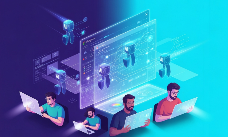 Isometric illustration of people using AI for Google Ads management.