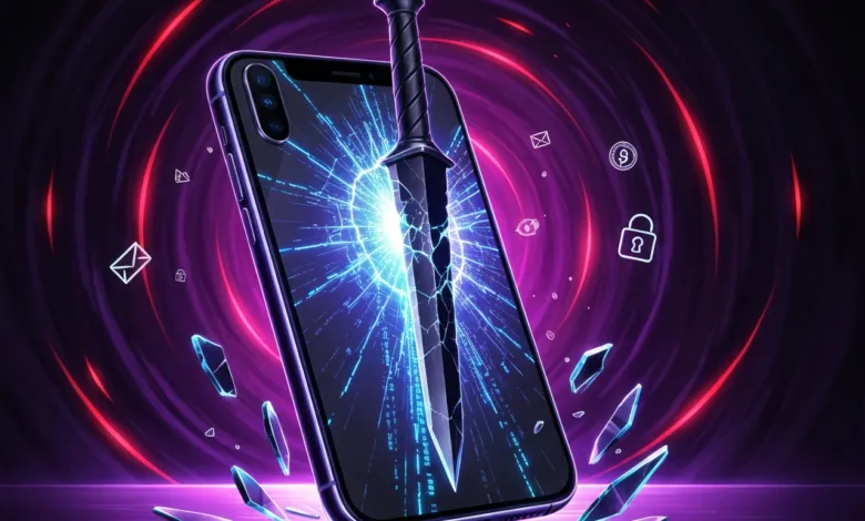 Smartphone screen shattered by a sword, surrounded by digital icons.